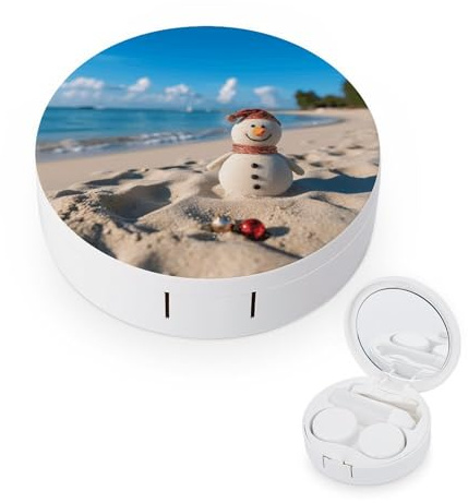 BVKWNTSA Tragbarer, runder Sand, Schneemann am Strand, bedruckter Kontaktlinsenbehälter ist stilvoll und kompakt, leicht zu tragen und schützt die Linsen.