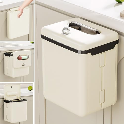YTACREA 9L Mülleimer Küche Beige Wandmontage Mit Deckel & Staufach, Faltbar Küchenabfalleimer, Komposteimer, Tür Abfalleimer, Biomülleimer Hängend für Schranktür, Badezimmer, Wohnmobil, Camping, Auto