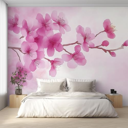 Generico Carta da Parati Fiori di Ciliegio Rosa, 200X140cm, Carta da Parati Tessuto Non Tessuto Fiori di Ciliegio Acquerello, Camera da Letto Decorazioni Parete Soggiorno Decorazione Cucina Décor D31