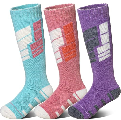 SeeyAN Kids Merino Wool Ski Socks Boys Girls Thermal Warm Boot Thick Winter 3 Pairs Cozy Socks For Skiing & Snowboarding (Pink/Green/Purple, 4-7 Years)
