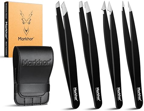 MARKHOR Juego de pinzas negras – Pinzas inclinadas profesionales de acero inoxidable para cejas – Gran precisión para depilación facial, astillas y depilación encarnada
