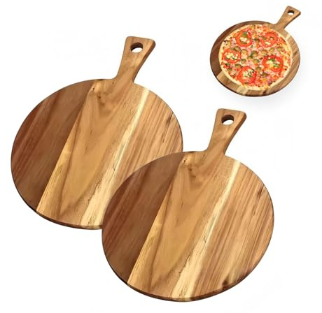 Traurige 2 Stück Pizzateller Holz 40×30x1.5 cm, Rundes Pizzabrett mit Griff | Schneidebrett aus Akazienholz, beidseitig nutzbar, ideal für Pizza, Flammkuchen, Brot, Käse und Servieren