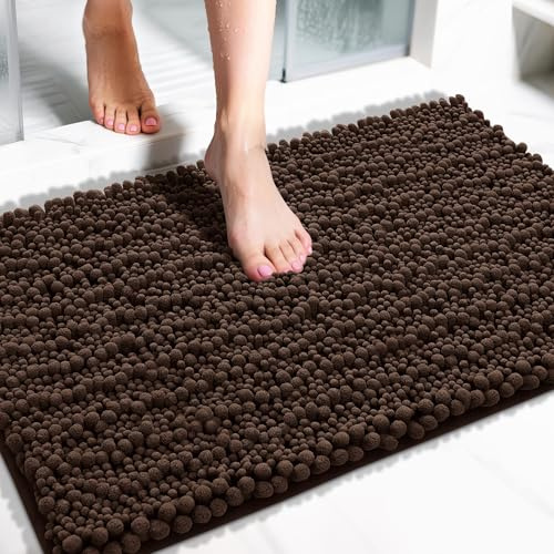 Yimobra Chenille Badematte rutschfest, Weicher Badvorleger Maschinenwaschbar, Mikrofaser Absorbent Badteppich, für Dusche und Badezimmer, 43 x 61 cm, Braun