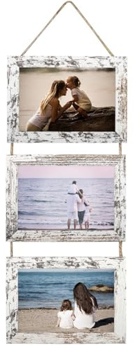 Zyiphor 13x18 cm Portafoto da Parete, Set Cornici Foto Multiple da Parete con Corda, Portafoto Multiplo Decorativo a Collage per Soggiorno, Camera da Letto e Ufficio, Bianco Invecchiato