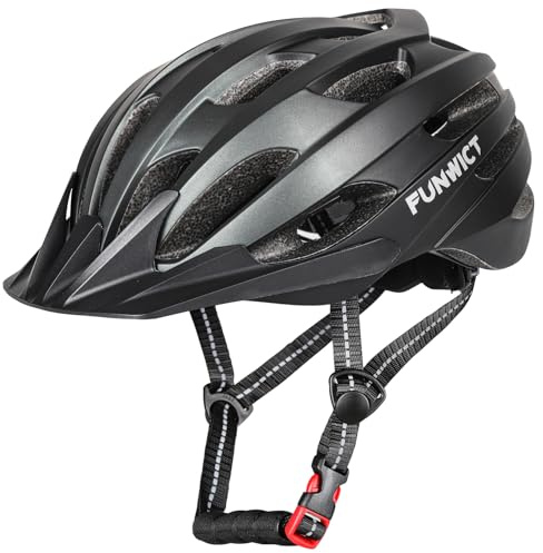 FUNWICT Casco de Bicicleta para Hombre y Mujer, Casco de Bicicleta de Carretera Ajustable MTB con Visera Desmontable para Ciclismo y Bicicleta de montaña (Titanio Negro, L: 57-61 cm)