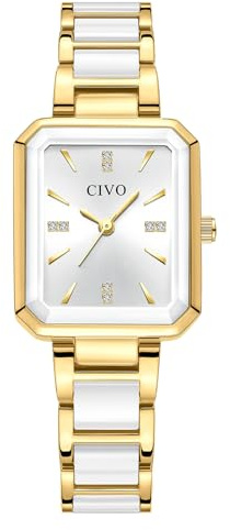 CIVO Rechteckig Elegante Armbanduhr Damen: Analog Edelstahl Wasserdicht Gold Weiß Damenuhr - Alltag Büro, Geschenk für Frauen Mama Freundin