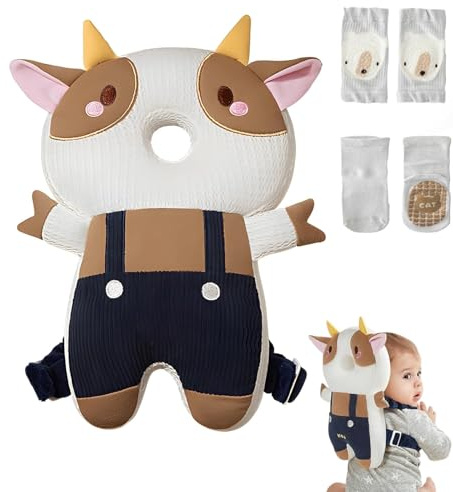 Viondra Baby Head Protector Backpack for 5-24 Months, Cow | Soft Baby Head Protection Backpack with Adjustable Straps, Knee Pads and Socks for Crawling Babies Aged 5-24 Months