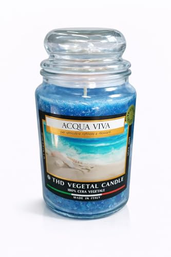 THD Candela Vegetale Profumata Acqua Viva 565g – Candela Grande in Vetro – Fragranza Fresca Marina – Lunga Durata – Made in Italy