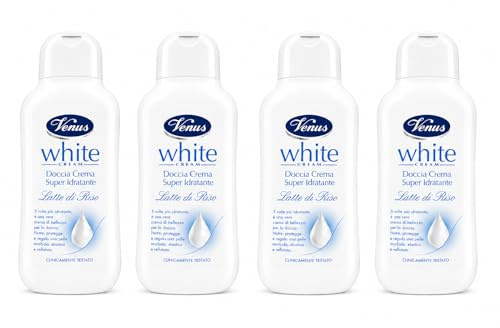 White Cream Doccia Crema Super Idratante Latte di Riso – Bagnodoccia Nutriente e Delicato, Pelle Morbida, Elastica e Vellutata, Con Estratti Naturali - 4 Unita da 250ml