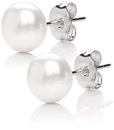 MABELLA 925 Sterling Silver AAA Genuine Freshwater Cultured Pearl White Button Stud Earrings Jewelry Gifts for Women 9mm