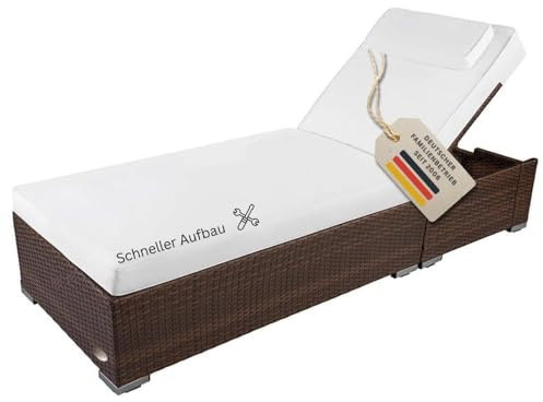RS Trade Sonnenliege Gartenliege Wetterfest aus Polyrattan mit Rollen – Rattan Outdoor Liege mit mehrfach Verstellbarer Rückenlehne für Garten, Terrasse, Balkon & Pool, braun mit weißer Auflage