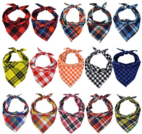 15pcs Dog Bandanas, Dog Scarf Kerchief Bibs Washable Girl Boy Dogs Bandanas Set Cotton Checkered Pet Bandana Outdoor Fall Accessories for Small Dogs Cat Pet