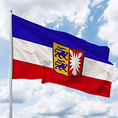 Schleswig-Holstein Flagge – 200 x 120 cm für Fahnenmast, Schleswig-Holstein Fahne mit Wappen, Hissflagge aus reißfestem Fahnen-Polyester-Stoff, wetterfest und UV-beständig