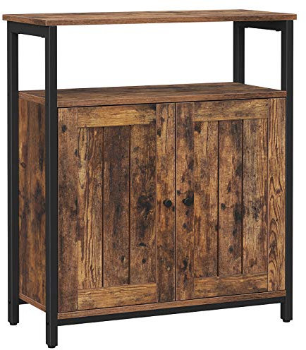 VASAGLE Storage Cabinet, Multipurpose Cabinet, Sideboard, Adjustable Shelves, Slat Door, Steel Frame, for Living Room, Bedroom, Hallway, Industrial Style, Rustic Brown and Black LSC087B01