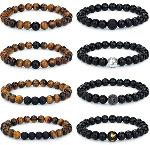 Adramata 6-8Pcs 8mm Tigerauge Armband für Männer Frauen Naturstein Armband Yoga Perlen Achat Elastische Armbänder Herren Armbänder Set Geburtstagsgeschenk für Männer