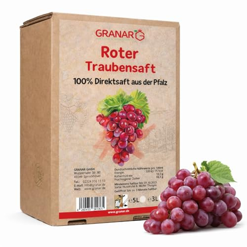 5 L di uva succo diretto rosso dal palatinato, 100% succo d'uva rosso, vegano e senza additivi - scatola da 5 litri