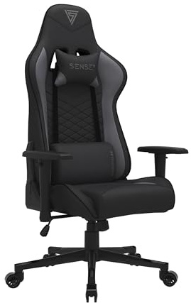 SENSE7 Gamingstuhl ergonomisch Neigungswinkel Schwarz-Grau Stoff 43-52 cm | Armlehnen, Maße 69,5x57 cm, für Gaming und Büro, verstellbare Sitzhöhe, einteilige Konstruktion, tägliche Nutzung