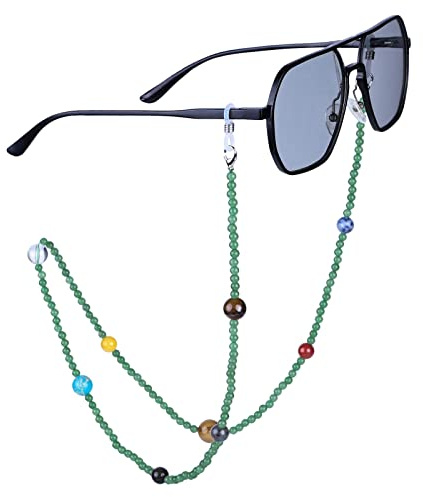 KYEYGWO Grüner Aventurin Kristall Perlen Brillenkette für Damen und Herren, Neun Planeten Brillenband Stein Brillenkordel Edelstein Kette Brillenschnur für Myopiebrille, Sonnenbrillen, Lesebrillen