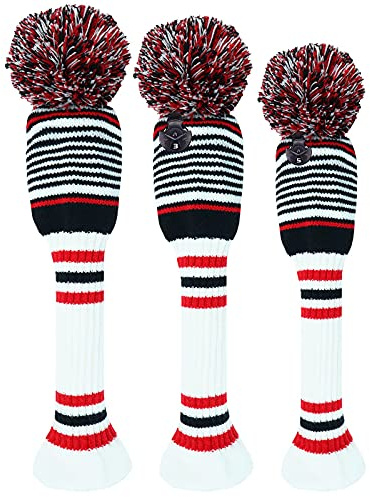 Couvre Club Golf Bois Housse Pom Pom Driver Fairway Hybrid 3 Pack Set, Couvre-tête de Club Golf Vintage Long 1 3 5 pour Hommes Femmes Hommes Sport en Plein Air (Blanc)