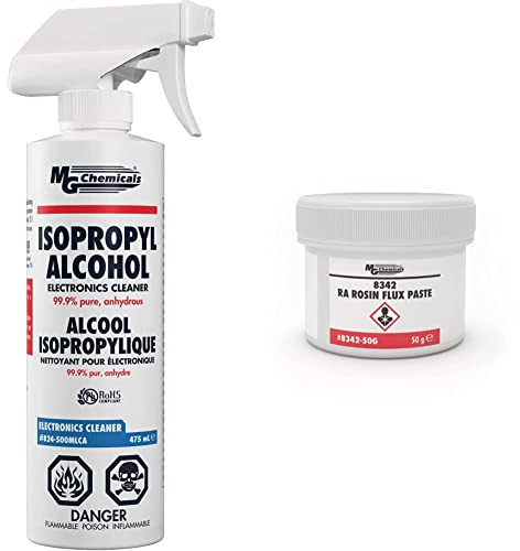 MG Chemicals 99.9% Isopropyl Alcohol Electronics Cleaner, 475 mL Liquid Spray Bottle & 8342-50G Rosin Flux Paste, 50 g Jar