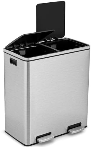 GiantexUK 60L Double Rubbish Bin, 2x30L Stainless Steel Recycling Kitchen Pedal Bin with Removable Buckets & Soft Close Lids, Dual Compartment Step on Waste Can (Silver) | Stainless Steel Recycling Kitchen Pedal Bin with Removable Buckets & Soft Close Lids, Dual Compartment Step on Waste Can