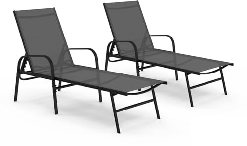 IDMarket Fidji - Conjunto de 2 tumbonas de jardín reclinables, de acero negro y tela gris antracita