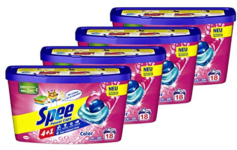 Spee Power Caps Color 4 + 1 72 WL (4 x 18 Waschladungen), Colorwaschmittel für Buntwäsche & Dunkles, vordosiertes Waschmittel vereint Reinheit, Strahlkraft, Frische & Nachhaltigkeit