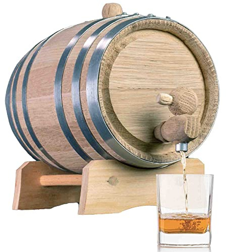 1 Liter Oak Aging Barrel (Distillery Series - Steel Hoops, Unvarnished) with Wood Stand, Bung & Spigot - 1L Charred Bourbon Whiskey Barrels For The Home Brewer, Distiller, Wine Maker, Cocktail Aging