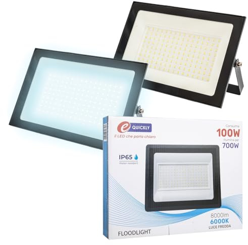 E-QUICKLY faretti LED da esterno - 100W, potente proiettore da 8000 lumen, faretto led da esterno con luce bianca fredda 6000K, faro LED grado di impermeabilità IP65, faretti da giardino 220V, 2 PZ