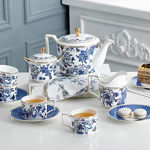 11 Stück weißen und blauen retro Vintage britischen Porzellan Tee-Set Hochzeit Tee-Service für Erwachsene Keramik Kaffee-Set Teetasse und Untertasse mit Kaffeelöffel Dekoration