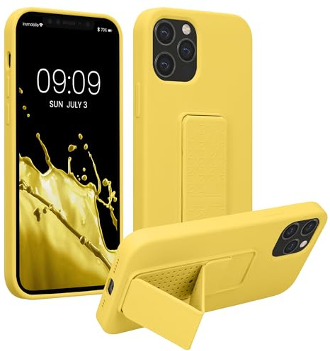 kwmobile Case for Apple iPhone 12 / iPhone 12 Pro Case - Soft TPU Cover with Silicone Coating - With Hand Strap and Stand Function - Shockproof - Radiant Yellow