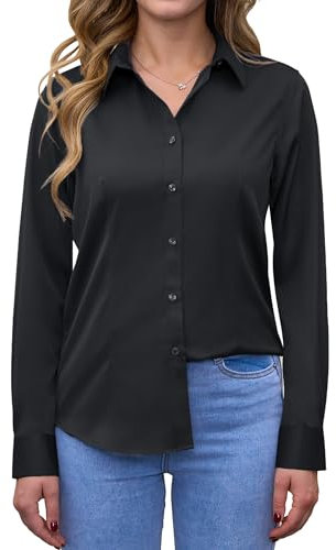 siliteelon Black Shirt Womens Long Sleeve Tops Non Iron Stretch Regular Fit Businness Work Dress Shirt Blouse for Women UK L
