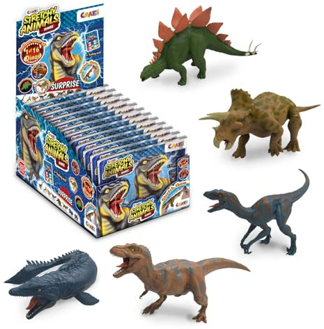 CRAZE Stretchy Animals Dinos - 12 Figure di dinosauri con pelle elastica, imbottitura speciale, effetti cromatici e carte da gioco, 16 modelli da collezionare