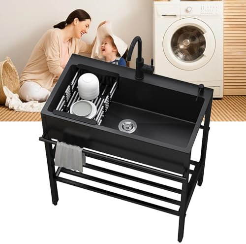 Lavandino Cucina 1 Vasca con Gocciolatoio,Lavabo in Acciaio Inox con Set di Drenaggio e Dispenser Sapone,Lavatoio da Esterno,Lavello multifunzione con Mobile,per Giardino Campeggio Bagno Commerciale (