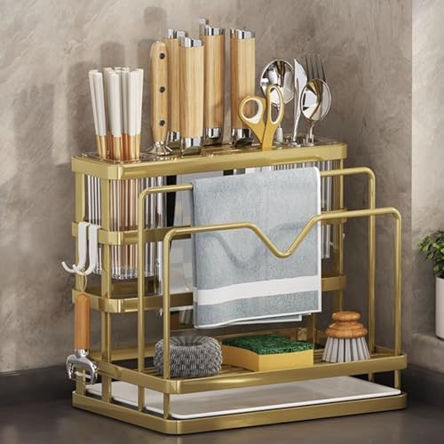 Dxcaicc Dxc Aicc Organisateur de Couverts Comptoir, Organisateur de Rangement de Cuisine avec Support de Planche à Découper et Porte-Serviettes,d'or