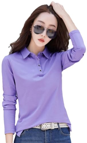 Maglietta Basic da Donna a Maniche Lunghe T-Shirt in Cotone con Colletto Polo T-Shirt con Bottoni Casual Formale da Lavoro Top, Viola, S