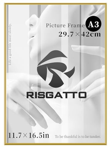 Risgatto Bilderrahmen DIN A3 (30x42 cm) aus Aluminium mit Hochtransparentem Acrylglas, Moderner Fotorahmen aus Metall für Poster, Zertifikate und Wanddeko – Gold