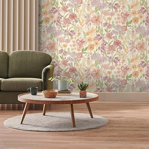 SOPHIE LAURENCE Papier peint motif fleurs sauvages – Imprimé floral multicolore sur crème, lavable et amovible à l'eau – Application de papier peint à coller – Style moderne – Rouleau de 0,53 m x
