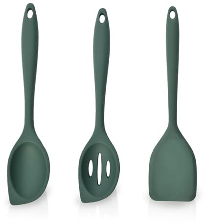 3 Stück Silikon Löffel Set - 28cm Langer Griff Antihaft Kochlöffel, BPA-Freier Hitzebeständiger Rührlöffel für Kochen, Backen, Rühren (Dunkelgrün)