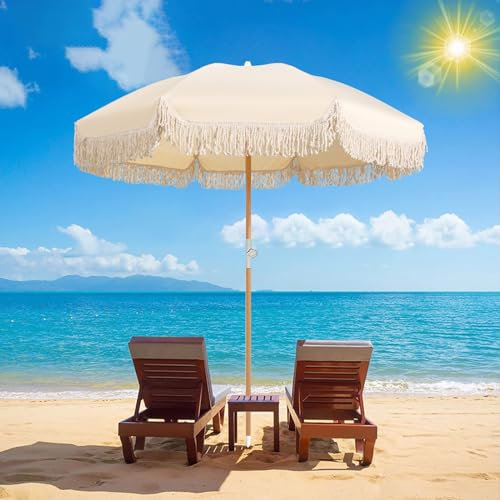 Ombrellone da spiaggia Ombrellone da giardino con frange beige Ombrelloni da spiaggia da 5,9 piedi per sabbia UPF 50+ Ombrellone con frange da esterno con palo in legno inclinabile Ombrellone da merc