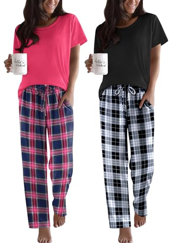 Ekouaer 2 Pack Pajamas for Women Set Short Sleeve Sleepwear Top and Pants Pjs Soft Printed Lounge Sets with Pockets Black White Plaid/Rose Pink Plaid Large