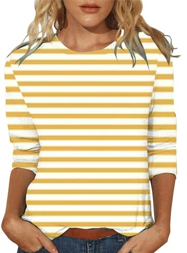 HUIFUAO - Camisetas de manga 3/4 para mujer, camisetas básicas de verano a rayas, color blanco, Z02-amarillo, S
