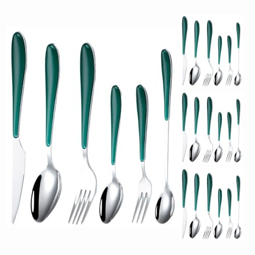 Kunststoffklammer Griff Küche Edelstahl Besteck Geschirr Besteck Set Steak Messer Gabel Löffel Teelöffel (Grün,24 Stück)