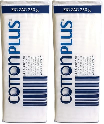 Cotton Plus ZIG ZAG 250 g - LINEA MEDICALE | 100% PURO COTONE IDROFILO CARDATO PER USO MEDICALE | Morbido e assorbente. (Confezione da 2)
