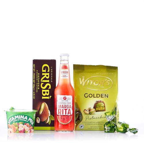 Caravella Fine Food - Gift set Pistachio n°2 - Alcohol-free - Margarita Virgin Cocktail 33 cl, Pistachio Milk Chocolates, Chocolate cookies with Pistachio cream, Vitamine mix Crunchy Snack