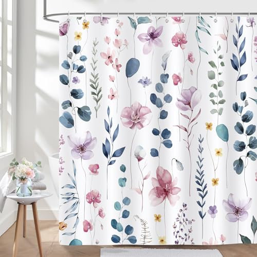 Bonhause Cortina de Ducha Acuarela Floral Hojas Colorida Planta Moderno Minimalista Cortina de Baño de Poliéster Impermeable Antimoho Lavable Cortina Ducha 180 x 180 cm con 12 Ganchos