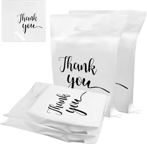 100 Stück Einkaufstaschen Plastik 40 x 30cm,Haltbar weiße Versandtaschen,sacchetti di ringraziamento portatili,Geschenktaschen zum Verpacken Einkaufen,Einzelhandel Tragetaschen für Kiosk Laden Markt