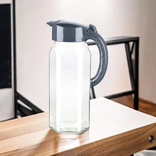 Pro Home Glass Jug with Removable Plastic Lid 1.5 Liter Pitcher Water Juice Jug for Fridge Beverage Hot/Cold Water Ice Tea Coffee Milk Transparent Pitcher Glass Jug with Lid (Grey)