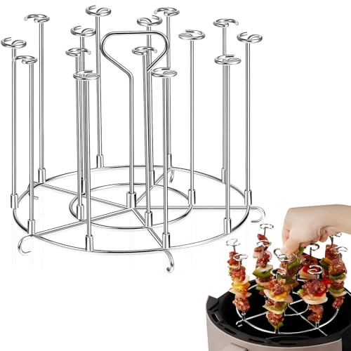 Air Fryer Skewer Rack, Round Skewer Stand with 12 Steel Sticks, Portable Stainless Steel Air Fryer Accessories Grill for Grilling Home Kitchen Kabobs