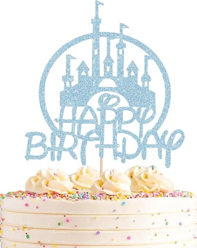 Cake Topper Feliz Cumpleaños con Diseño Castillo – Decoración de Tarta Colorida para Cumpleaños Infantil, Fiesta Princesa y Cuento de Hadas (Azul)